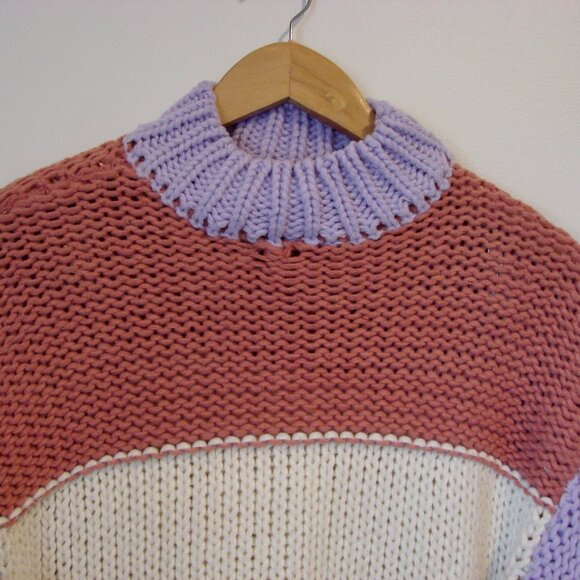 Dreamers Chunky Knit Sweater Colourblock Purple Pink Cream Mock Neck Size Small - Picture 2 of 12